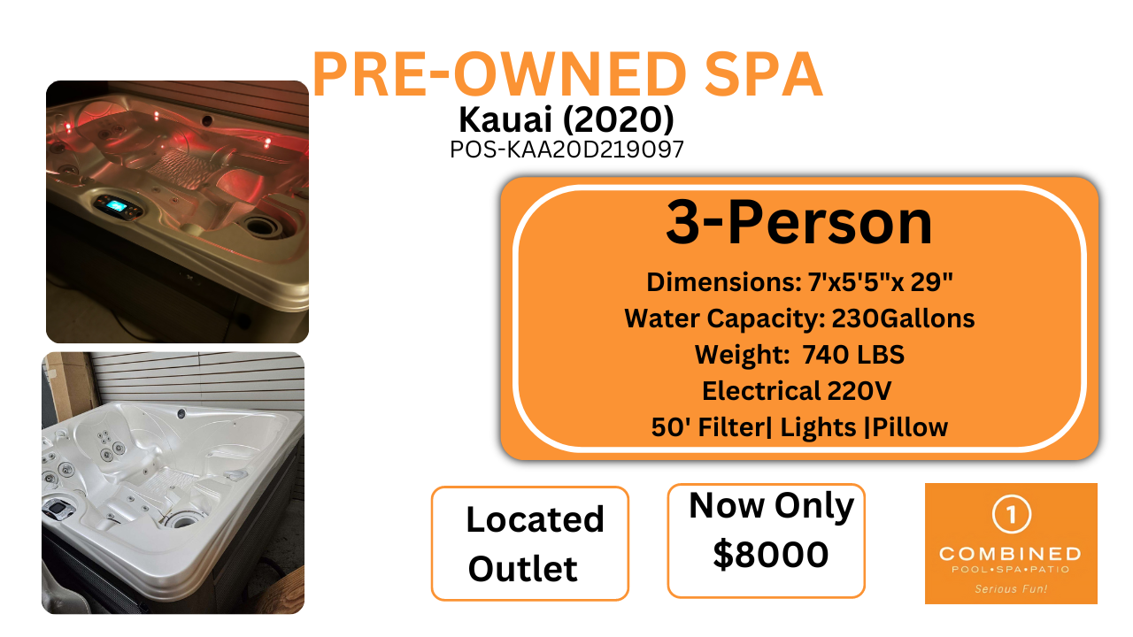 Pre-owned Caldera Kauai 3 person hot tub top and side view